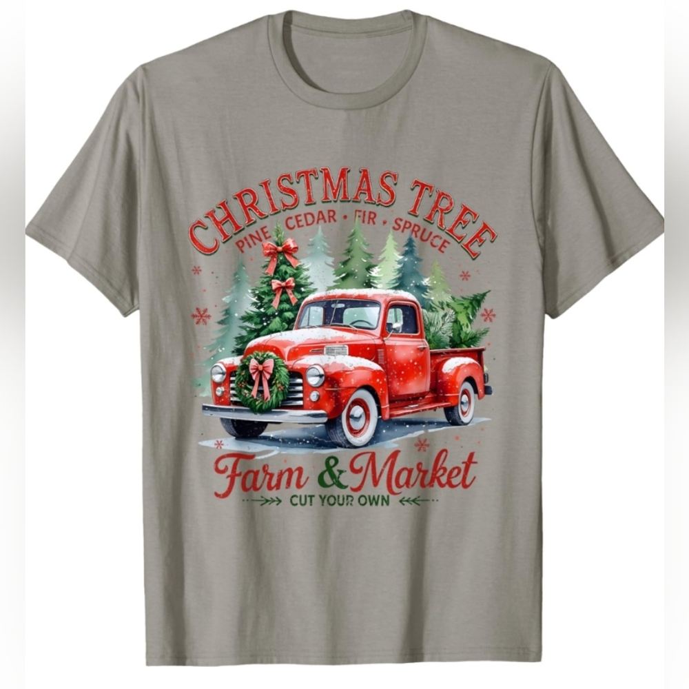 Christmas Tree Graphic Tee Gray Red and Green Vintage Truck Size Medium NWT